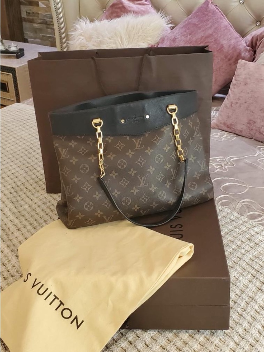 Louis Vuitton Monogram Canvas Tote with Black Trim and Gold Chain Accents